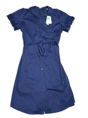 NWT T Tahari Navy Lace-Trim Short-Sleeve Shirt Dress XL MSRP $148